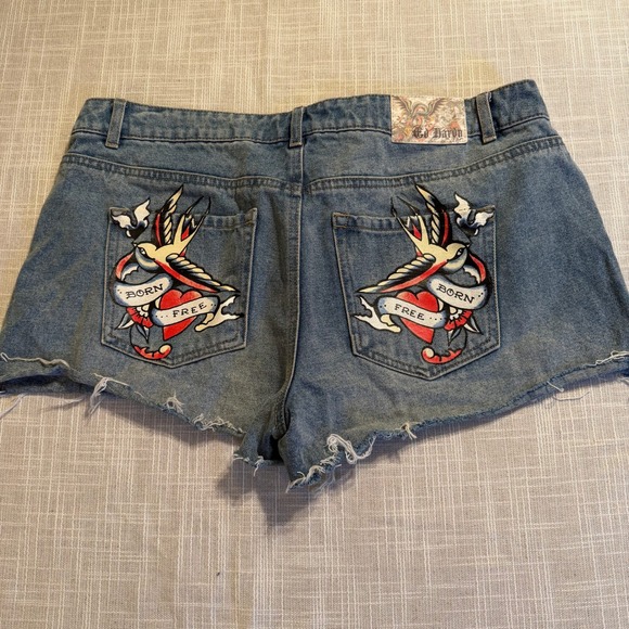 Ed Hardy Pants - Ed Hardy Womens 32 Blue Denim Cut Off Shorts Born Free Swallow Tattoo WEHD8000-5
